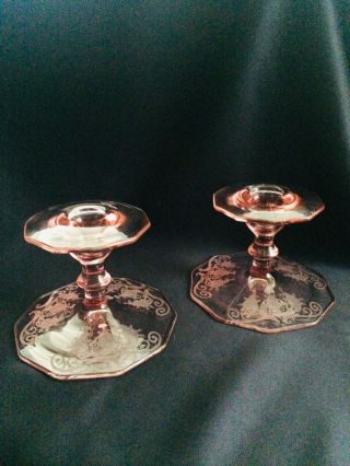Cambridge Deux Coqs Candlesticks Etch 733 Stunning And Rare In La Rosa Pink