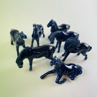 Set Of 6 Chinese Mud Horse 2 - 3” Cobalt Blue Porcelain Mid Century Mini Rare