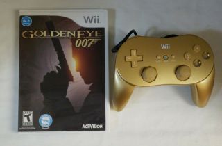Goldeneye 007 Wii Game And Gold Wii Pro Controller Bundle - Nintendo Rare (g7)