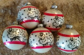 5 Vintage Rare - Ish Shiny Bright Pink/red Hand Painted Snowman Snowmen Ornaments