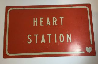 Vtg Heart Station Sign Metal Rare Double Sided Red