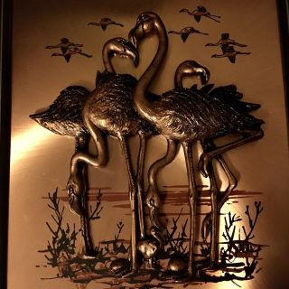 Vtg Rare Copperama 3d Framed Copper Art Wall Picture Pink Flamingos