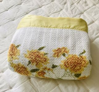 Vintage Cotton Thermal Blanket,  Yellow Orange Floral 76x84 Satin Trim - Rare