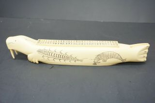 Vintage Faux Bone Scrimshaw Cribbage Board Walrus Rare From Pms