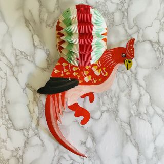 Vtg Chinese Paper Hanging Lantern Rare Hand Painted Asian Red Bird Decoration