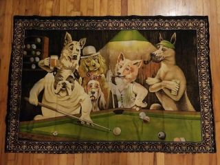 Vintage Cotton Tapestry Wall Hanging Dtc Dogs Playing Pool Billards Rare 57 X 38