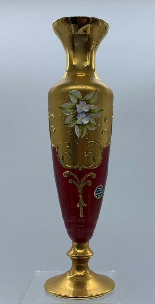 Vintage Murano Art Glass Ruby Red Gold Enamel Flowers Vase 10 1/2 " Tall Rare