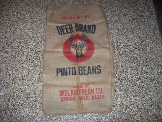 Vintage Rare Deer Brand Pinto Beans Burlap Sack Midland Bean Co Cahone Colorado