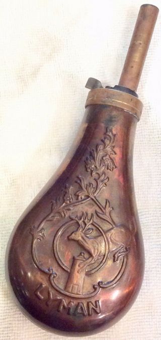 Vintage Rare Lyman Brass Hunting Black Powder Flask Running Deer Great Patina