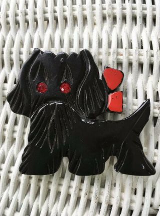 Rare Vtg Vintage 40’s Black Bakelite Carved Scotty Dog Brooch Pin Red Gem Eyes A