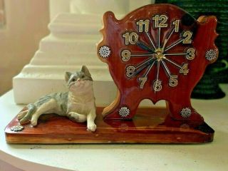 Rare Tabby Cat Cypress Wood Slab Quartz Clock,  Bling 13 " X 6 " X 9 " Tall Lacquered