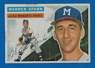 1956 Topps 10 Warren Spahn Rare White Back Hof Milwaukee Braves Vg - Ex,