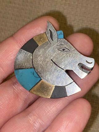 Rare Taxco Mexico Metales Mixed Metal Turquoise Stone Inlay Horse Pin Brooch