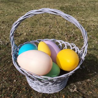 Huge Vintage Easter Basket & 6 Large Plastic Blow Mold Eggs - Yard Decoration - Rare