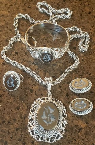 Rare Vintage Whiting & Davis Silver Tone Intaglio Necklace Ring Bracelet,  Set