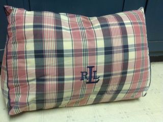 Ralph Lauren Rll Monogram 20 " X 14 " Pink Blue Striped Large Throw Pillow Rare