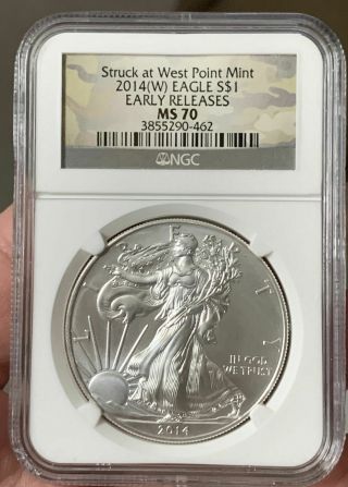 2014 - W $1 American Silver Eagle Ngc Ms70 Early Release Rare Silver Label (462)