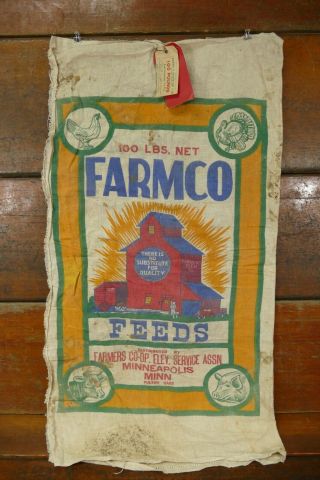 Rare Vintage Farmco Feed Farmers Co - Op Minneapolis Minnesota Cloth Feed Sack