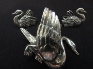 Rare Vintage 3d Swan Sterling Silver Brooch Pin & Screw Back Earrings