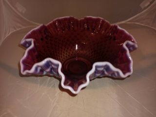 Rare Vintage Fenton Plum Opalescent Hobnail Ruffled Crimped Glass Bowl/vase 10 "