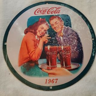 Vintage 1967 Drink Coca - Cola Soda Pop Americana Porcelain Man Cave Bar Rare Sign