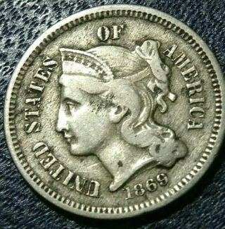 1869 Very Rare Planchet Strike Thru Error Nickel Three Iii Cent Piece Coin