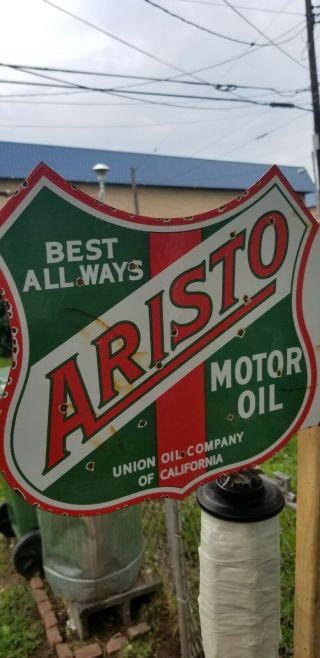 Aristo Motor Oil Gasoline Station 2 Sided 14 " Porcelain Metal Flange Sign Rare