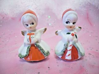 Rare Vtg Napco Miniature Christmas Angel Girl W/ Candy Cane Gift Figurine Set