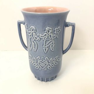 Rare Red Wing Pottery Vase 1159 2 - Handled Dutch Children Purple Pink Heart Vine