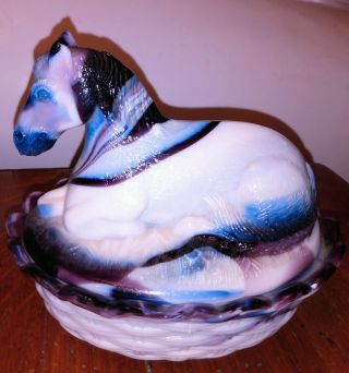 Vintage Slag Purple Glass Horse On Nest Covered Dish 5 & 1/2 Long Rare Blue Pony