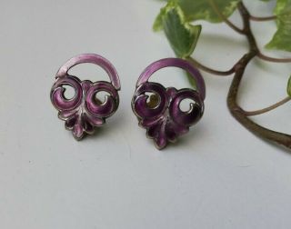Rare BERNARD INSTONE Arts & Crafts earrings c1930 purples enamel and silver gilt 3