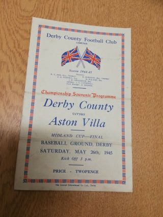 Very Rare 1945 Derby County V Aston Villa Midland Cup Final Match Programme