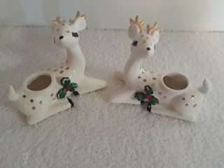 Vintage Lefton 2 Ceramic Christmas Reindeer Candle Holders White/gold 707 Rare