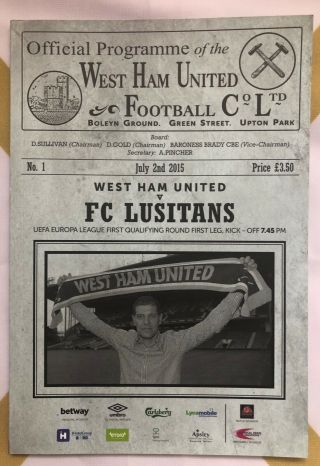 Rare - West Ham United Vs Fc Lusitans - Europa League - Programme - P&p