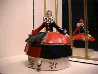 Rare Art Deco 1920 ' s Flapper Harlequin Clown Lady w Curls Powder Jar - Germany 2
