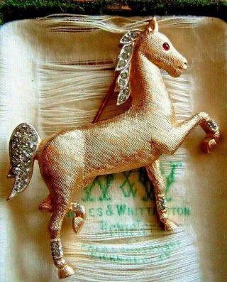 Vintage Signed Crown Trifari Horse Rhinestone,  Glass Cabochon Eye Pin,  Rare