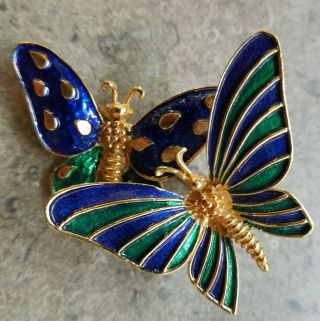 Rare Marcel Boucher Double Butterfly Trembler Brooch Blue And Green Enamel Pin