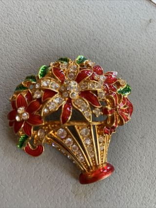 Rare Vintage Christopher Radko Christmas Brooch Pin Holly Poinsettia Rhinestones