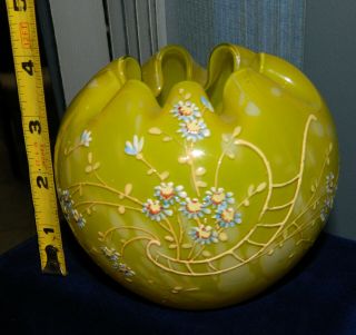 Rare Vintage Fenton Yellow Ruffled Edge Hand Painted Rose Bowl Vase