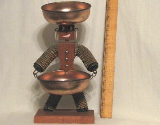 Rare Mid Century Vintage Folk Art Bottle Caps & Wood Figure With 2 Copper Bowls