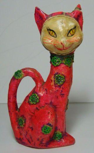 Rare Vintage 1950s Folk Art Pink Paper Mache Cat Creepy Psychedelic Hand Painted