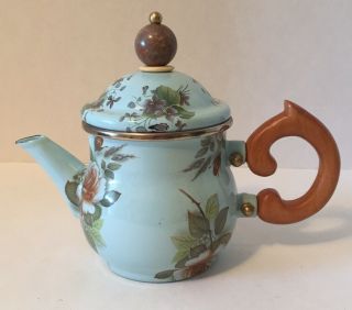 Vintage Mackenzie Childs Rare 1983 Camp Teapot Green Rose Wooden Handle Floral
