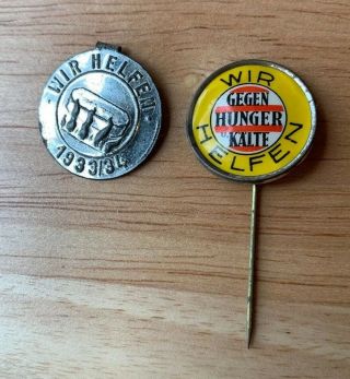 Guaranteed Ww2 German " Wir Helfen " Pins / Tinnies X 2,  Rare,  Whw