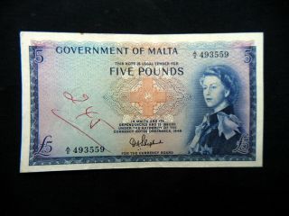1949 Malta Rare British Banknote 5 Pounds Vf Queen Elizabeth Ii