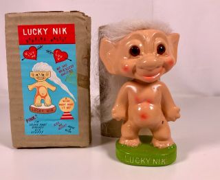 Rare Vintage 1960s Lucky Nik Troll Japan Composition Bobblehead Nodder Doll Mib