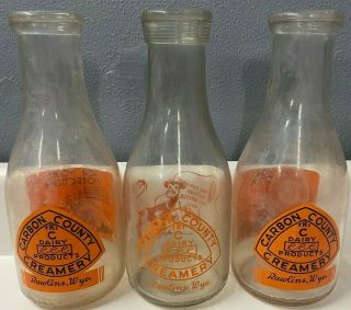 Rare Vintage Set Of 3 Carbon County Creamery Rawlins Wyoming Quart Milk Bottles