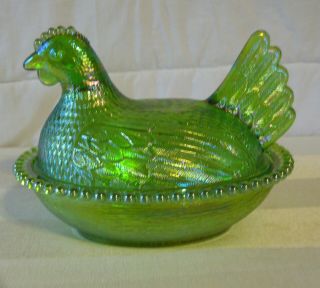 Vintage Rare Irredescent Lime Green Indiana Glass Hen on Nest Covered Candy Dish 2