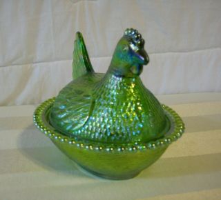 Vintage Rare Irredescent Lime Green Indiana Glass Hen on Nest Covered Candy Dish 3