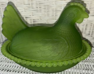 Rare Lime Green Indiana Glass Hen On Nest