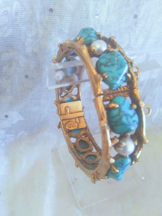 Rare Pauline Rader Clamper Gold Cuff Bracelet Faux Turquoise Cabochon Pearls1960